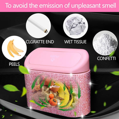 Bling Pink Car Trash Can with Lid, Mini Auto Garbage Can with 30 Trash Bags, Automotive Garbage Container Bin, Bling Car Accessories Trash Can for Women (Pink Diamond)