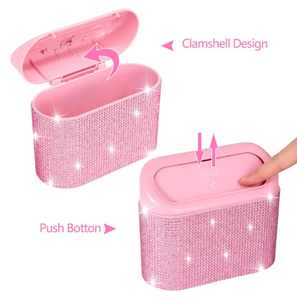 Bling Pink Car Trash Can with Lid, Mini Auto Garbage Can with 30 Trash Bags, Automotive Garbage Container Bin, Bling Car Accessories Trash Can for Women (Pink Diamond)