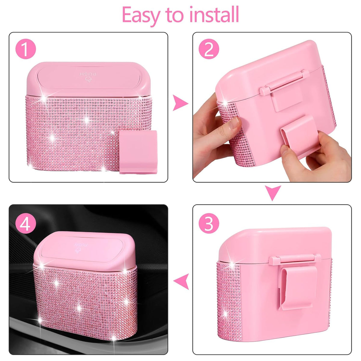Bling Pink Car Trash Can with Lid, Mini Auto Garbage Can with 30 Trash Bags, Automotive Garbage Container Bin, Bling Car Accessories Trash Can for Women (Pink Diamond)
