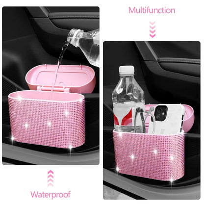 Bling Pink Car Trash Can with Lid, Mini Auto Garbage Can with 30 Trash Bags, Automotive Garbage Container Bin, Bling Car Accessories Trash Can for Women (Pink Diamond)