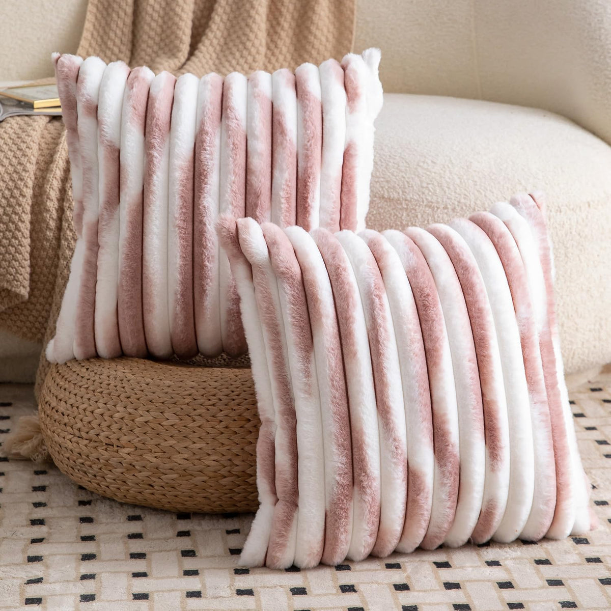 Set of 2 Faux Wool Plush Decorative Throw Pillow Covers 18x18 Inch Pink White Fluffy Striped Soft Decorative Cushion Cover for Sofa Bedroom Pillow Shell