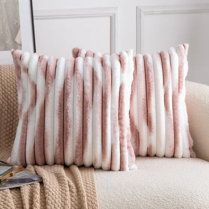 Set of 2 Faux Wool Plush Decorative Throw Pillow Covers 18x18 Inch Pink White Fluffy Striped Soft Decorative Cushion Cover for Sofa Bedroom Pillow Shell