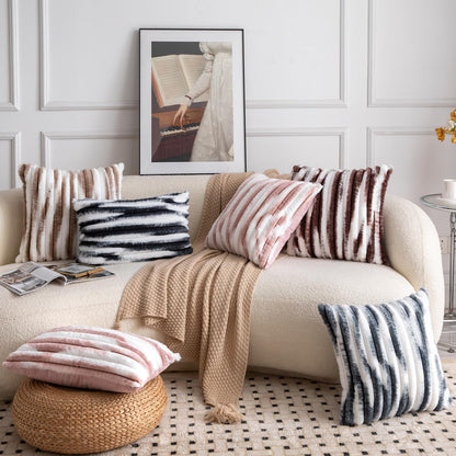 Set of 2 Faux Wool Plush Decorative Throw Pillow Covers 18x18 Inch Pink White Fluffy Striped Soft Decorative Cushion Cover for Sofa Bedroom Pillow Shell
