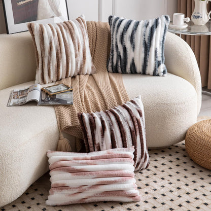 Set of 2 Faux Wool Plush Decorative Throw Pillow Covers 18x18 Inch Pink White Fluffy Striped Soft Decorative Cushion Cover for Sofa Bedroom Pillow Shell