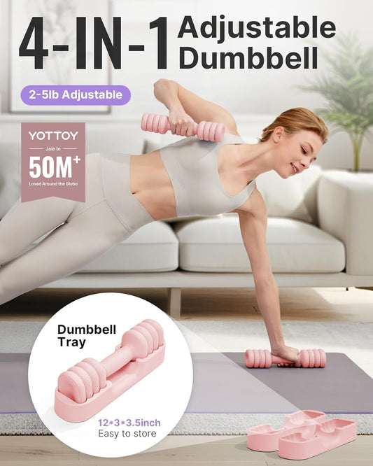 Adjustable Dumbbell Set of 2, 4-in-1 Hand Weights for Women at Home, Compact Free Weights Dumbbells Set with Soft Grip and Base, 2-5 lbs Each for Home Gym
