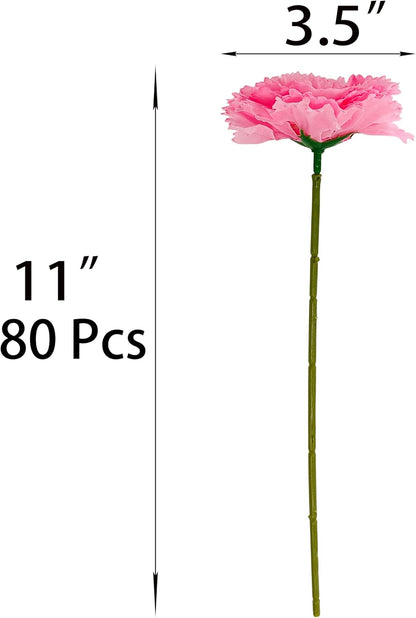 Pink Carnations Artificial Flowers Heads, 80pcs 3.5'' Fake Faux Silk Flower Heads with Stem for DIY Wreath,Flower Wall, Handmade Flowers, Table Centerpieces, Baby Shower, Graduation Decor