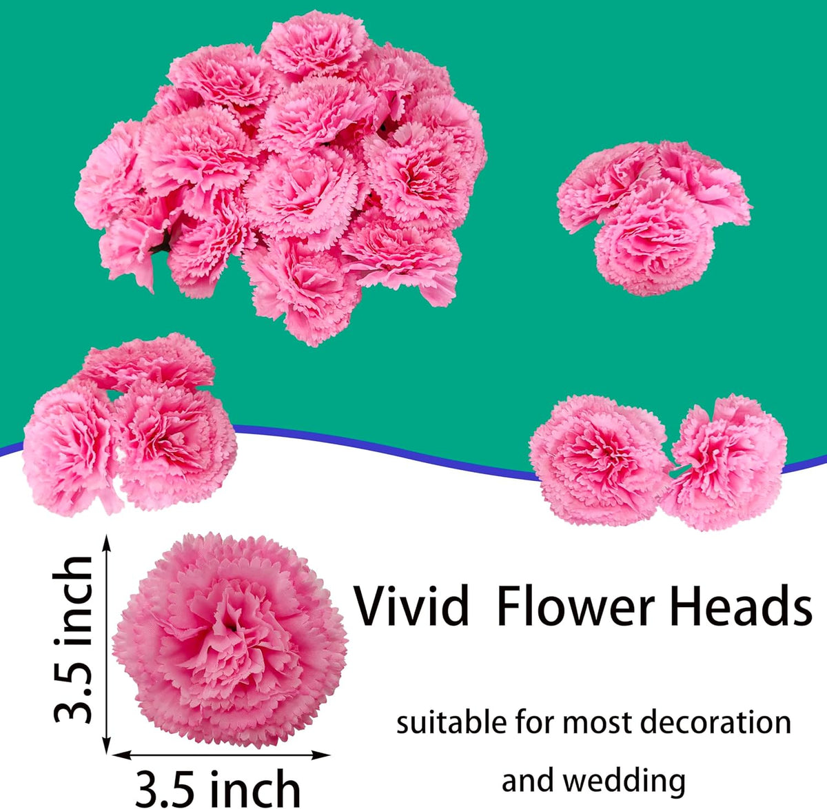 Pink Carnations Artificial Flowers Heads, 80pcs 3.5'' Fake Faux Silk Flower Heads with Stem for DIY Wreath,Flower Wall, Handmade Flowers, Table Centerpieces, Baby Shower, Graduation Decor