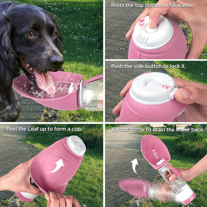 Dog Water Bottle, Pet Water Bottle with Food Container and Drinking Feeder, Leak Proof, BPA-Free, Portable Foldable Puppy Water Cup Dispenser for Outdoor Walking, Travel, Hiking Large Pink
