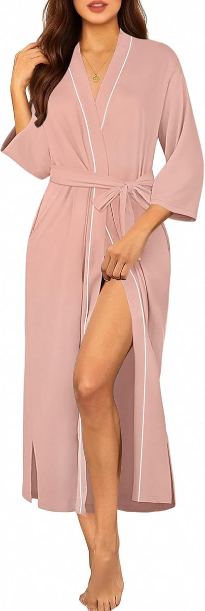 Robes for Women Long Knit Bathrobe Soft 3/4 Sleeves Kimono Robe