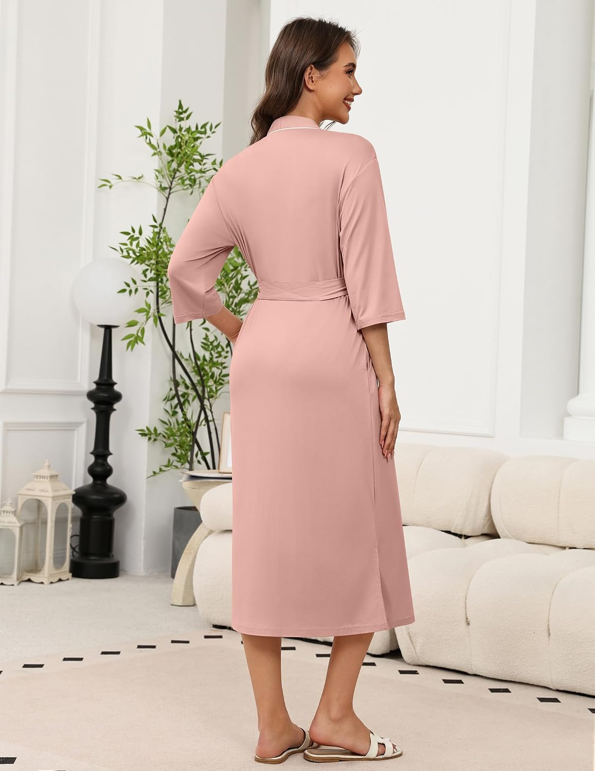 Robes for Women Long Knit Bathrobe Soft 3/4 Sleeves Kimono Robe