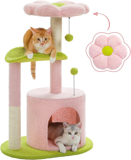 Flower Cat Tree 32" Small Cat Tower with Curved Perch Bed