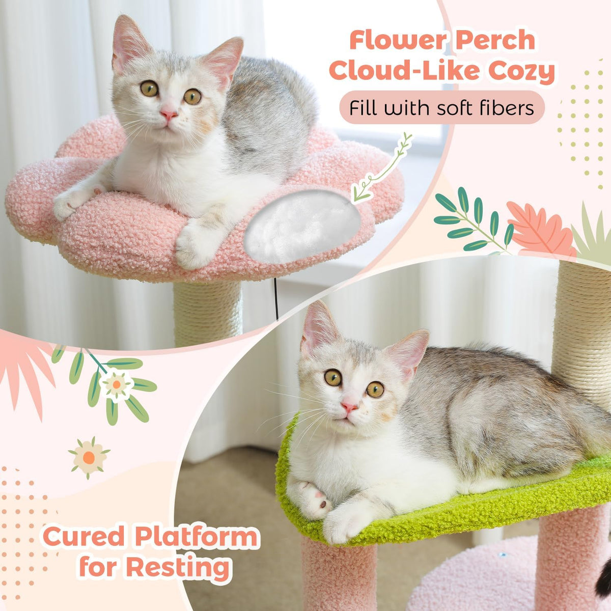 Flower Cat Tree 32" Small Cat Tower with Curved Perch Bed