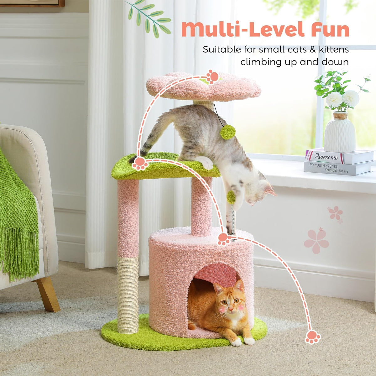 Flower Cat Tree 32" Small Cat Tower with Curved Perch Bed