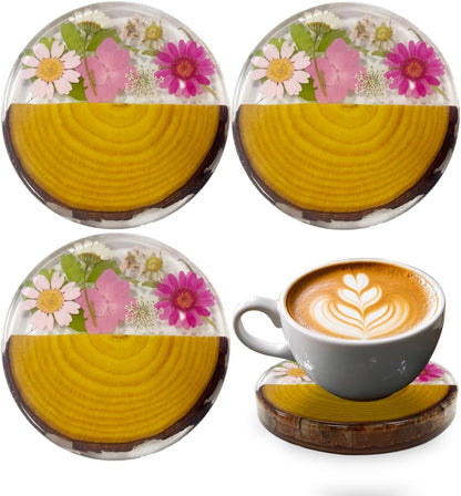 Unique Resin Flower Wood Coasters Set of 4 for Drinks, Decorative Aesthetic Coasters for Desk & Table (4, Pink)