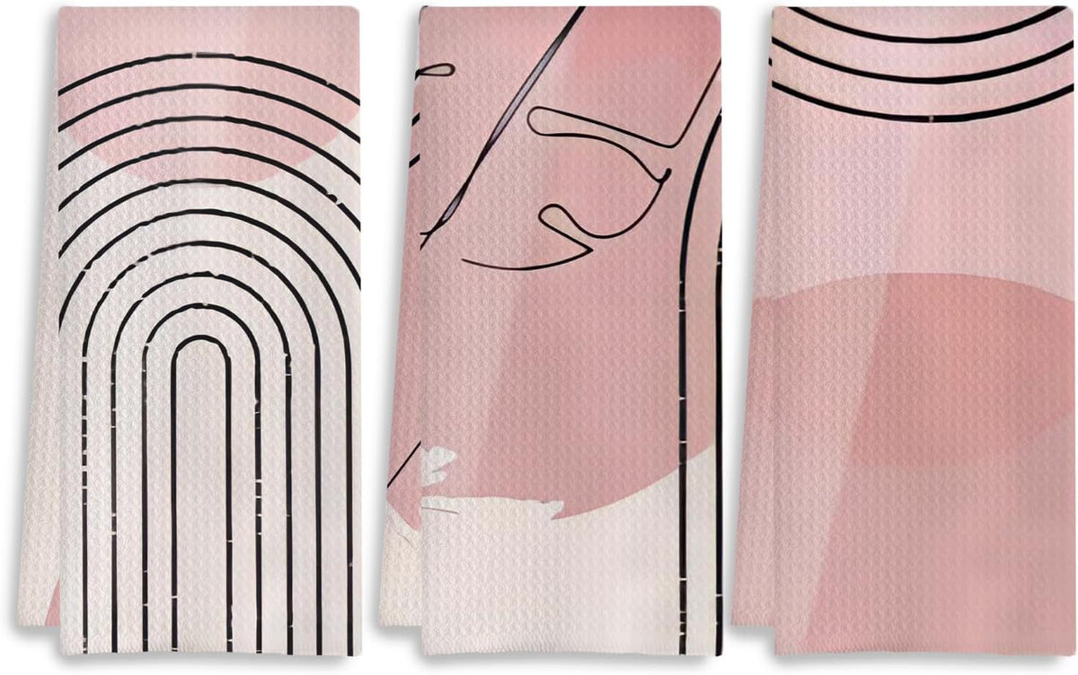 Pink Boho Kitchen Towels Set of 3 - Abstract Line Art Decorative Hand Towels for Bathroom, Mid Century Modern Dish Towels, Kitchen Decor, 16x24 Inches