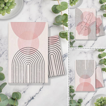Pink Boho Kitchen Towels Set of 3 - Abstract Line Art Decorative Hand Towels for Bathroom, Mid Century Modern Dish Towels, Kitchen Decor, 16x24 Inches
