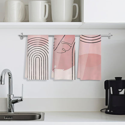 Pink Boho Kitchen Towels Set of 3 - Abstract Line Art Decorative Hand Towels for Bathroom, Mid Century Modern Dish Towels, Kitchen Decor, 16x24 Inches