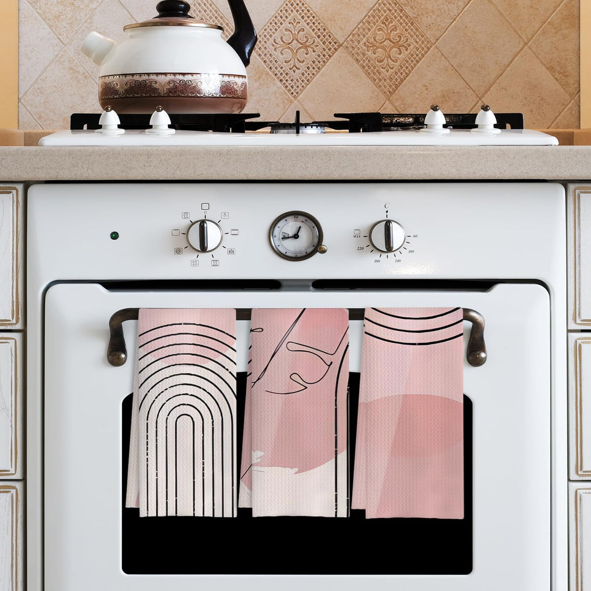 Pink Boho Kitchen Towels Set of 3 - Abstract Line Art Decorative Hand Towels for Bathroom, Mid Century Modern Dish Towels, Kitchen Decor, 16x24 Inches