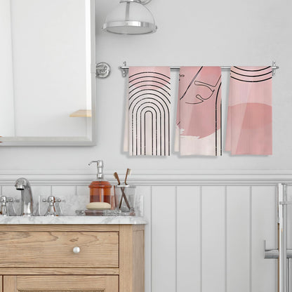 Pink Boho Kitchen Towels Set of 3 - Abstract Line Art Decorative Hand Towels for Bathroom, Mid Century Modern Dish Towels, Kitchen Decor, 16x24 Inches