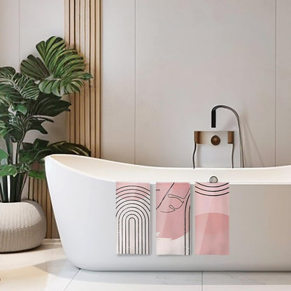 Pink Boho Kitchen Towels Set of 3 - Abstract Line Art Decorative Hand Towels for Bathroom, Mid Century Modern Dish Towels, Kitchen Decor, 16x24 Inches