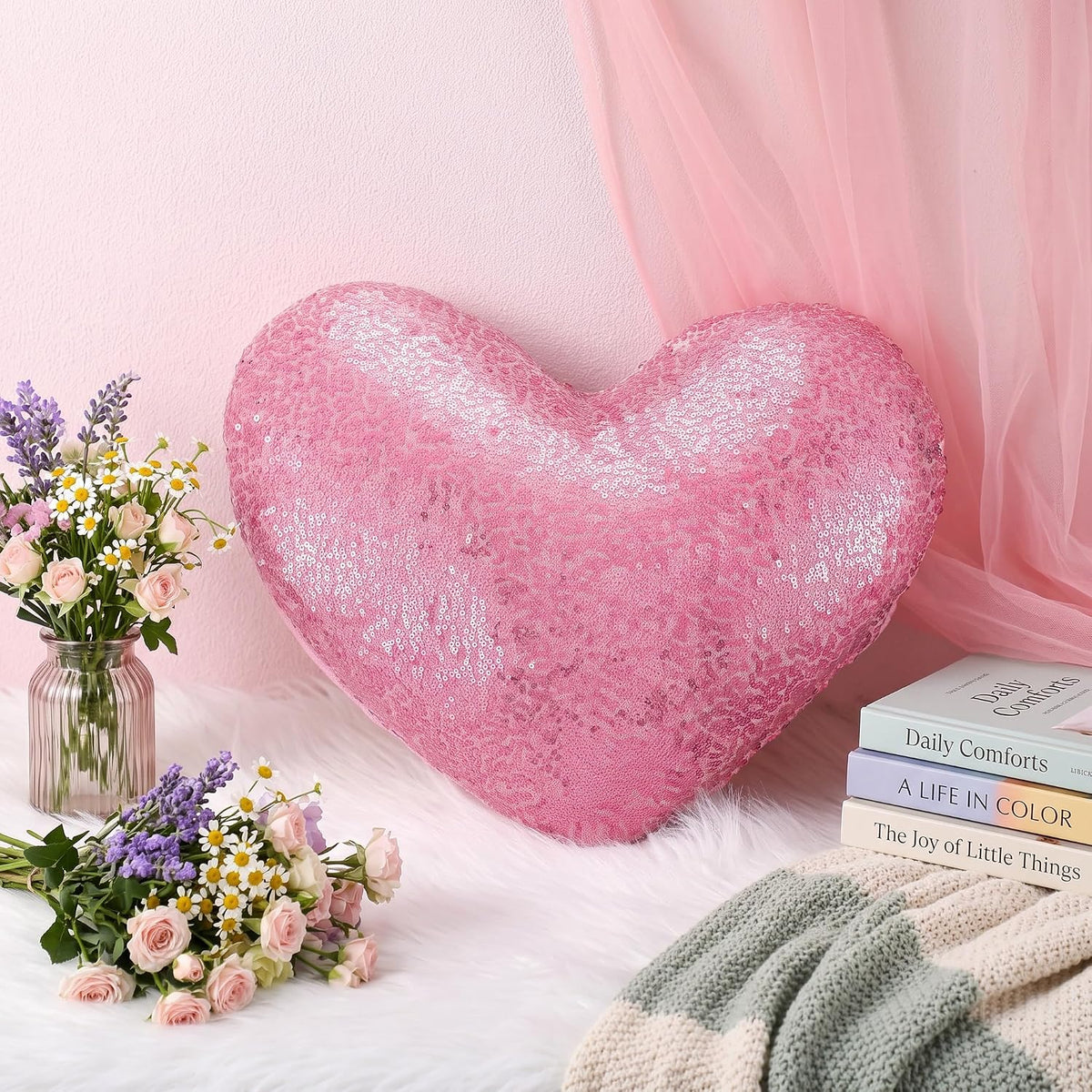 Metallic Back to School Heart Shaped Pillow 14 x 12 Inch Decorative Leather Throw Pillows Solid Soft Shiny Cushion for Women Girls Students Wedding Anniversary Bed Couch Dorm Decor（Pink）