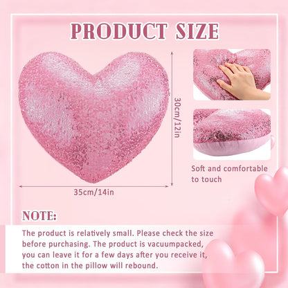 Metallic Back to School Heart Shaped Pillow 14 x 12 Inch Decorative Leather Throw Pillows Solid Soft Shiny Cushion for Women Girls Students Wedding Anniversary Bed Couch Dorm Decor（Pink）