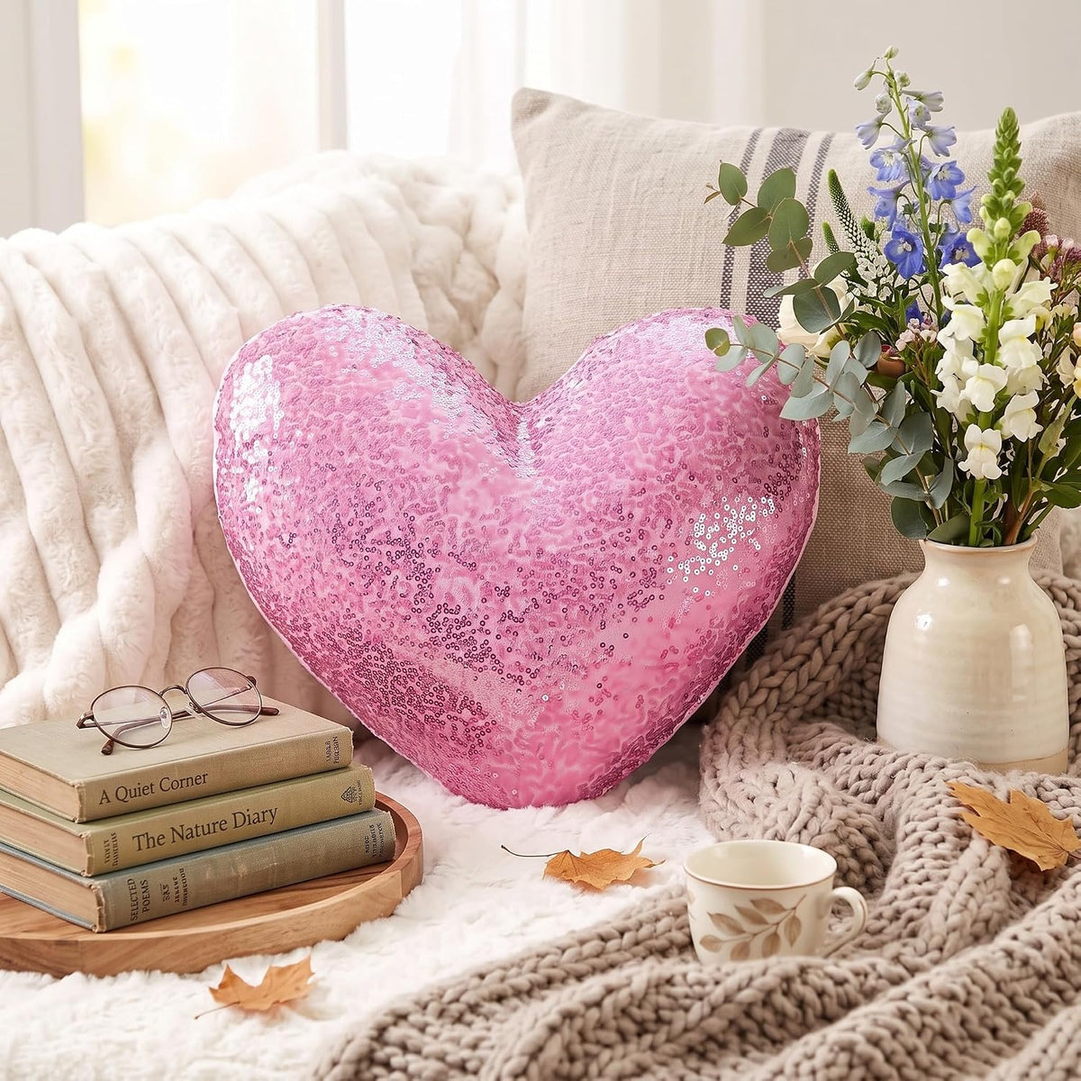 Metallic Back to School Heart Shaped Pillow 14 x 12 Inch Decorative Leather Throw Pillows Solid Soft Shiny Cushion for Women Girls Students Wedding Anniversary Bed Couch Dorm Decor（Pink）