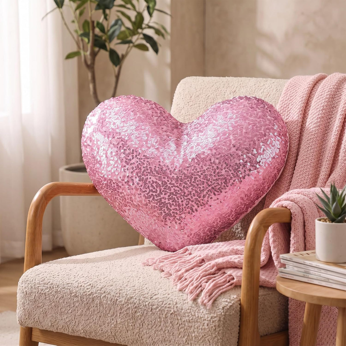 Metallic Back to School Heart Shaped Pillow 14 x 12 Inch Decorative Leather Throw Pillows Solid Soft Shiny Cushion for Women Girls Students Wedding Anniversary Bed Couch Dorm Decor（Pink）
