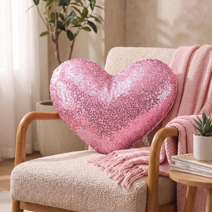 Metallic Back to School Heart Shaped Pillow 14 x 12 Inch Decorative Leather Throw Pillows Solid Soft Shiny Cushion for Women Girls Students Wedding Anniversary Bed Couch Dorm Decor（Pink）