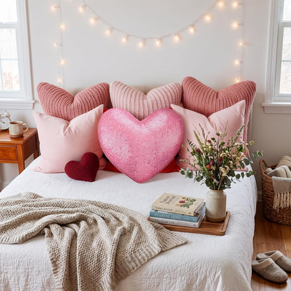 Metallic Back to School Heart Shaped Pillow 14 x 12 Inch Decorative Leather Throw Pillows Solid Soft Shiny Cushion for Women Girls Students Wedding Anniversary Bed Couch Dorm Decor（Pink）