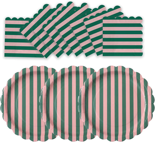 50 PCS Pink Green Striped Scalloped Paper Plates and Napkins, 9 Inch Disposable Dinner Plates for Summer Pool Party, Birthday, Picnic, Preppy Coastal Party Decorations
