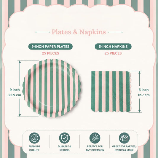 50 PCS Pink Green Striped Scalloped Paper Plates and Napkins, 9 Inch Disposable Dinner Plates for Summer Pool Party, Birthday, Picnic, Preppy Coastal Party Decorations