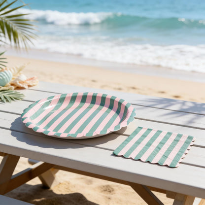 50 PCS Pink Green Striped Scalloped Paper Plates and Napkins, 9 Inch Disposable Dinner Plates for Summer Pool Party, Birthday, Picnic, Preppy Coastal Party Decorations