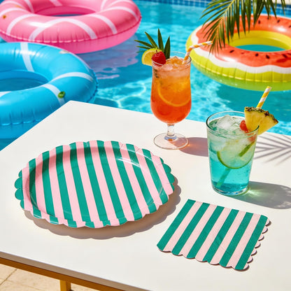50 PCS Pink Green Striped Scalloped Paper Plates and Napkins, 9 Inch Disposable Dinner Plates for Summer Pool Party, Birthday, Picnic, Preppy Coastal Party Decorations