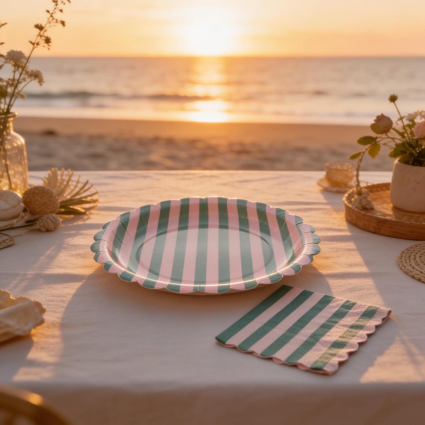 50 PCS Pink Green Striped Scalloped Paper Plates and Napkins, 9 Inch Disposable Dinner Plates for Summer Pool Party, Birthday, Picnic, Preppy Coastal Party Decorations