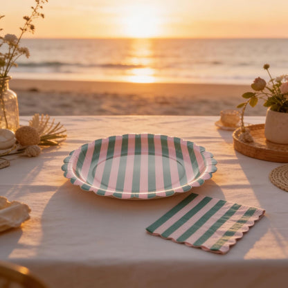 50 PCS Pink Green Striped Scalloped Paper Plates and Napkins, 9 Inch Disposable Dinner Plates for Summer Pool Party, Birthday, Picnic, Preppy Coastal Party Decorations