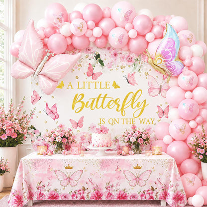 Pink Butterfly Baby Shower Party Decorations A Little Butterfly Is On The Way Theme Supplies for Girl Butterfl-y Decorations Set with Balloons Backdrop and Tablecloth for Baby Shower