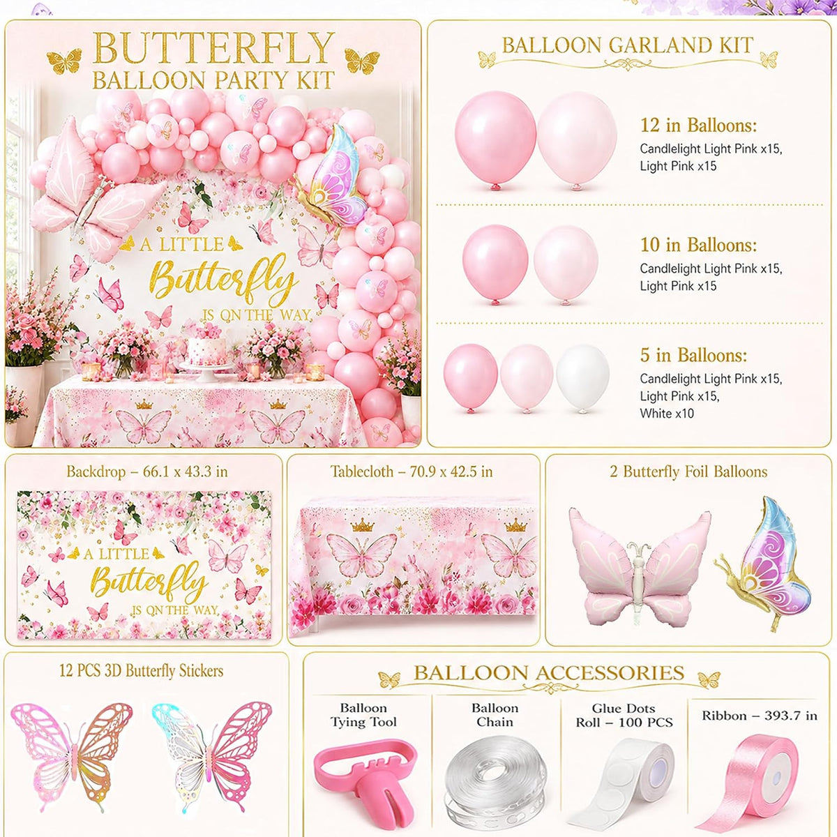 Pink Butterfly Baby Shower Party Decorations A Little Butterfly Is On The Way Theme Supplies for Girl Butterfl-y Decorations Set with Balloons Backdrop and Tablecloth for Baby Shower