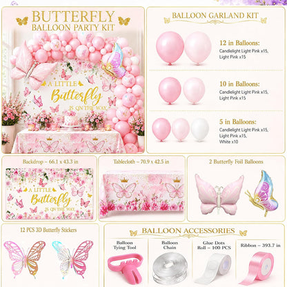 Pink Butterfly Baby Shower Party Decorations A Little Butterfly Is On The Way Theme Supplies for Girl Butterfl-y Decorations Set with Balloons Backdrop and Tablecloth for Baby Shower