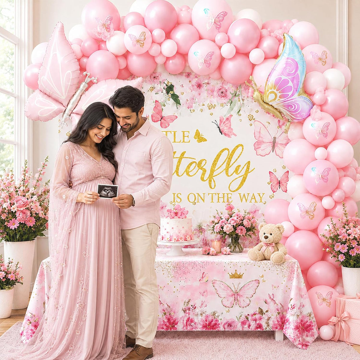 Pink Butterfly Baby Shower Party Decorations A Little Butterfly Is On The Way Theme Supplies for Girl Butterfl-y Decorations Set with Balloons Backdrop and Tablecloth for Baby Shower