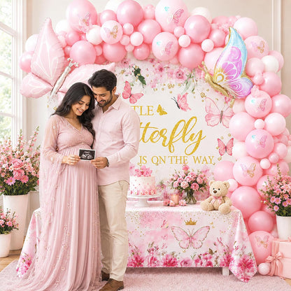 Pink Butterfly Baby Shower Party Decorations A Little Butterfly Is On The Way Theme Supplies for Girl Butterfl-y Decorations Set with Balloons Backdrop and Tablecloth for Baby Shower