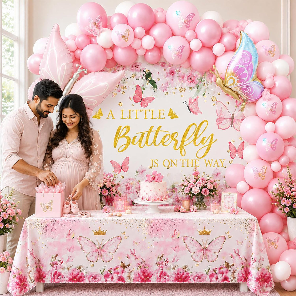 Pink Butterfly Baby Shower Party Decorations A Little Butterfly Is On The Way Theme Supplies for Girl Butterfl-y Decorations Set with Balloons Backdrop and Tablecloth for Baby Shower