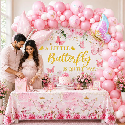 Pink Butterfly Baby Shower Party Decorations A Little Butterfly Is On The Way Theme Supplies for Girl Butterfl-y Decorations Set with Balloons Backdrop and Tablecloth for Baby Shower