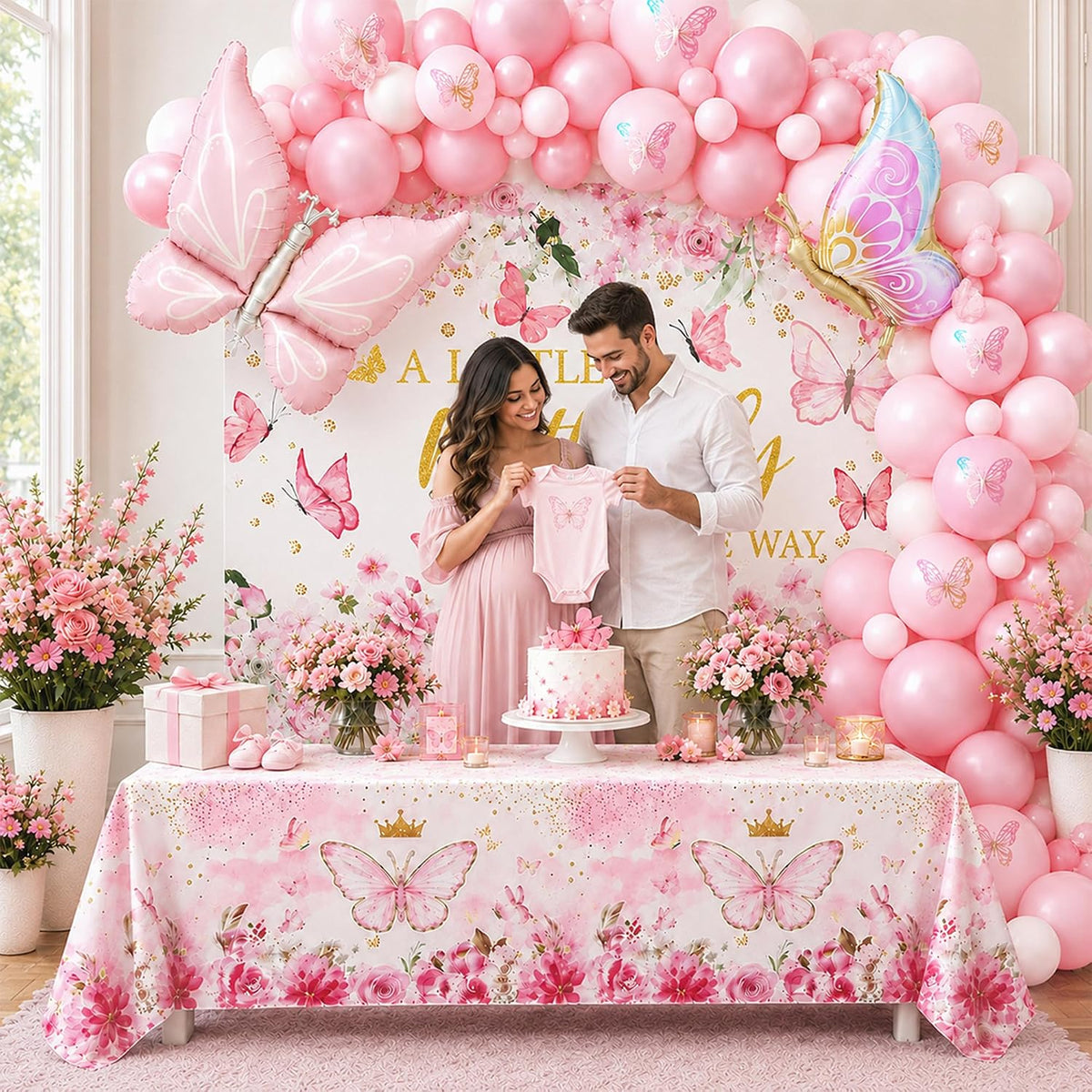 Pink Butterfly Baby Shower Party Decorations A Little Butterfly Is On The Way Theme Supplies for Girl Butterfl-y Decorations Set with Balloons Backdrop and Tablecloth for Baby Shower