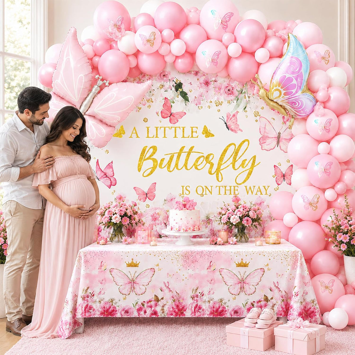 Pink Butterfly Baby Shower Party Decorations A Little Butterfly Is On The Way Theme Supplies for Girl Butterfl-y Decorations Set with Balloons Backdrop and Tablecloth for Baby Shower
