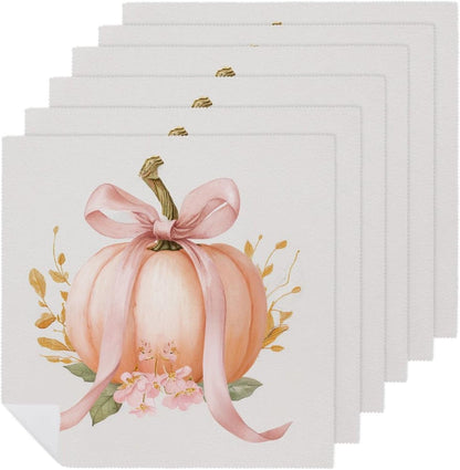Pastel Peach Pumpkin Large Pink Bow Cloth Napkins Set of 6, Square Premium Reusable Washable Polyester Table Linen Napkin for Dinner Party