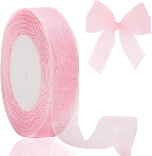 3/4 inch Pink Sheer Organza Ribbon, 50Yds Chiffon Ribbon, Flower Bouquet Tulle Ribbon, Gift Wrapping Ribbons for Wedding, Baby Shower, Birthday, Holidays, Anniversary Decorations Crafts