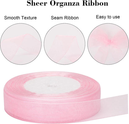 3/4 inch Pink Sheer Organza Ribbon, 50Yds Chiffon Ribbon, Flower Bouquet Tulle Ribbon, Gift Wrapping Ribbons for Wedding, Baby Shower, Birthday, Holidays, Anniversary Decorations Crafts