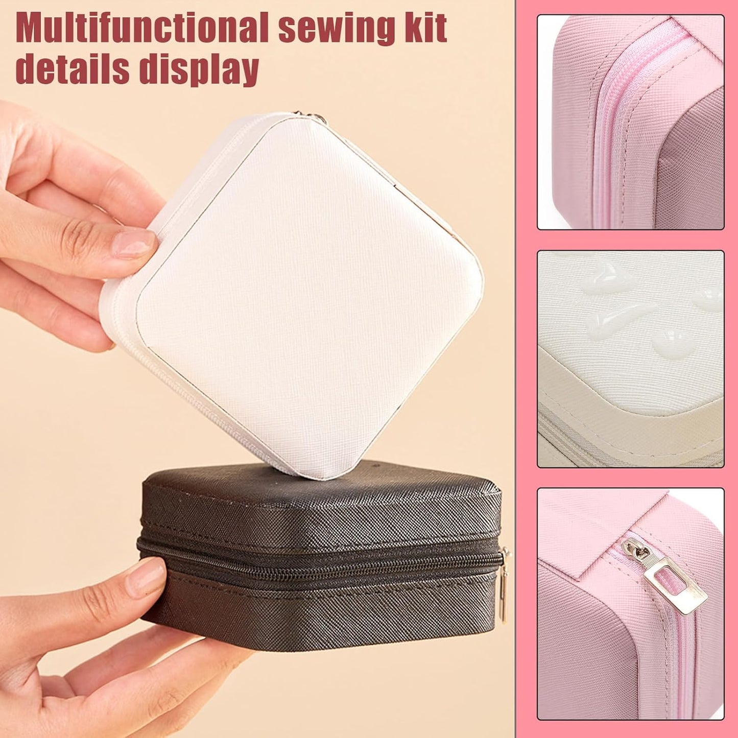 Travel Sewing Kit for Adults Beginners, Portable Mini Sew Kit Leather Box with Thimbles, Needle and Thread, Basic Hand Home Starter Sewing Supplies Accessories for Emergency Mending, Pink