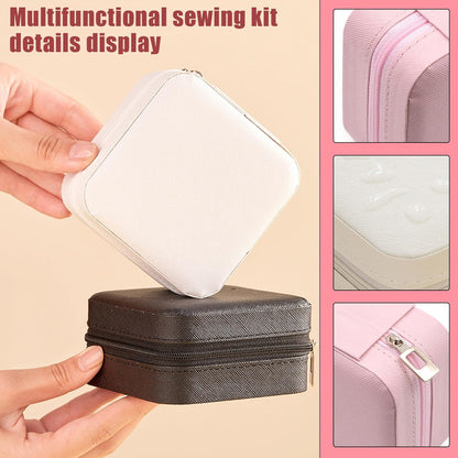 Travel Sewing Kit for Adults Beginners, Portable Mini Sew Kit Leather Box with Thimbles, Needle and Thread, Basic Hand Home Starter Sewing Supplies Accessories for Emergency Mending, Pink